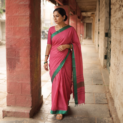 Pink Kandangi Chettinad Cotton Saree with Border, draped and worn by a woman, AI visual of the saree, iTokri
