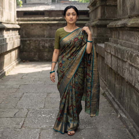 Green Kanjeevaram Pure Handloom Mulberry Silk Handpainted Srikalahasti Pen Kalamkari Saree with Zari Work, draped and worn by a woman, AI visual of the saree, iTokri