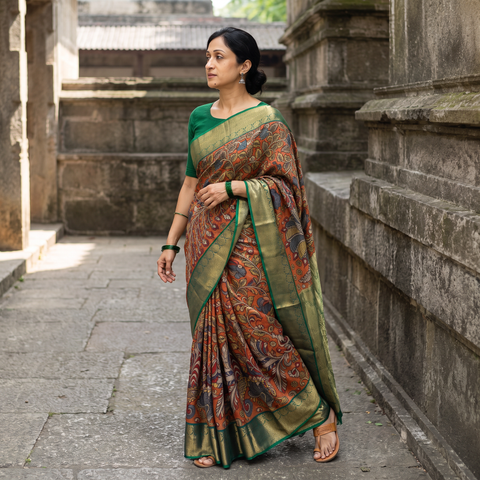 Orange Kanjeevaram Pure Handloom Mulberry Silk Handpainted Srikalahasti Pen Kalamkari Saree with Zari Work, draped and worn by a woman, AI visual of the saree, iTokri