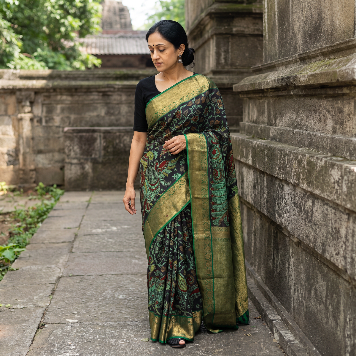 Green Kanjeevaram Pure Handloom Mulberry Silk Handpainted Srikalahasti Pen Kalamkari Saree with Zari Work, draped and worn by a woman, AI visual of the saree, iTokri