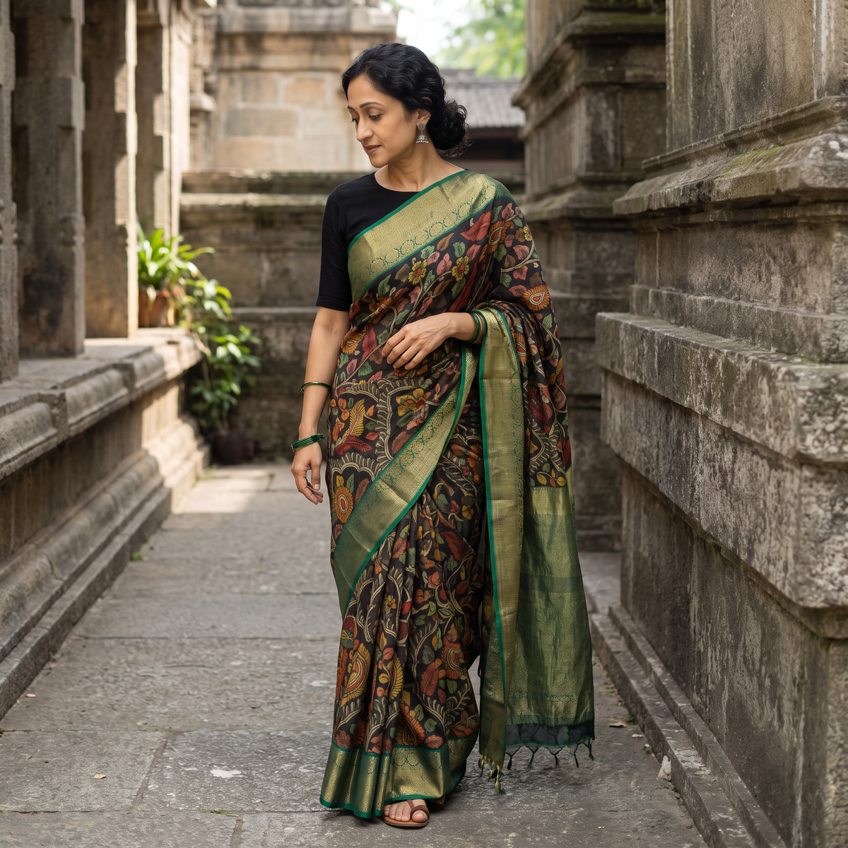 Black Kanjeevaram Pure Handloom Mulberry Silk Handpainted Srikalahasti Pen Kalamkari Saree with Zari Work, draped and worn by a woman, AI visual of the saree, iTokri