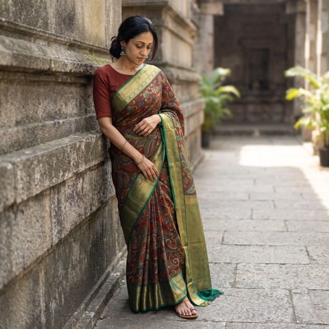 Red Kanjeevaram Pure Handloom Mulberry Silk Handpainted Srikalahasti Pen Kalamkari Saree with Zari Work, draped and worn by a woman, AI visual of the saree, iTokri