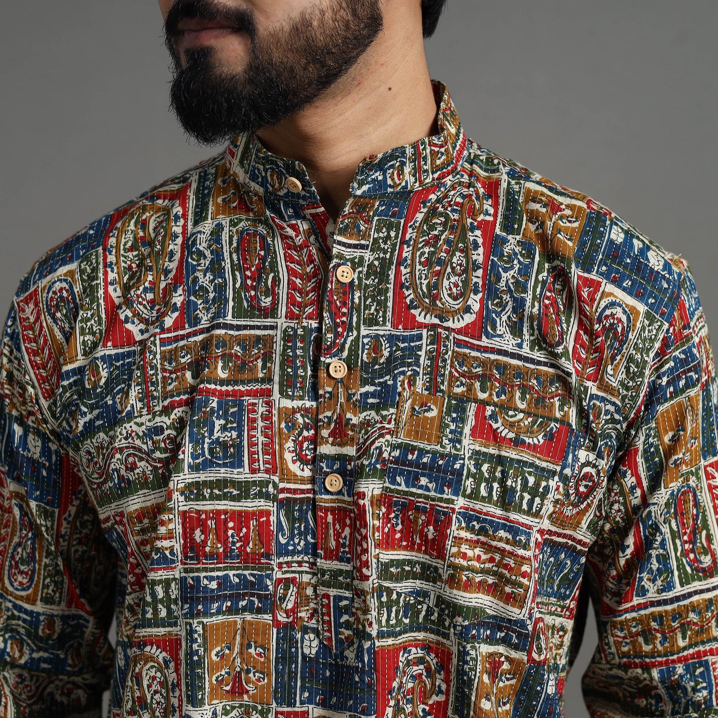 Kantha Stitch Cotton Short Jaipur Kurta for Men 15