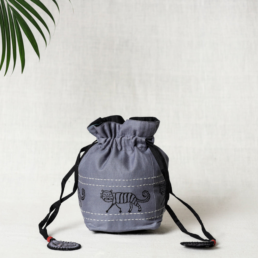  Kantha Work Block Print Cotton Potli Bag 