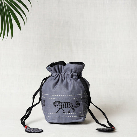  Kantha Work Block Print Cotton Potli Bag 