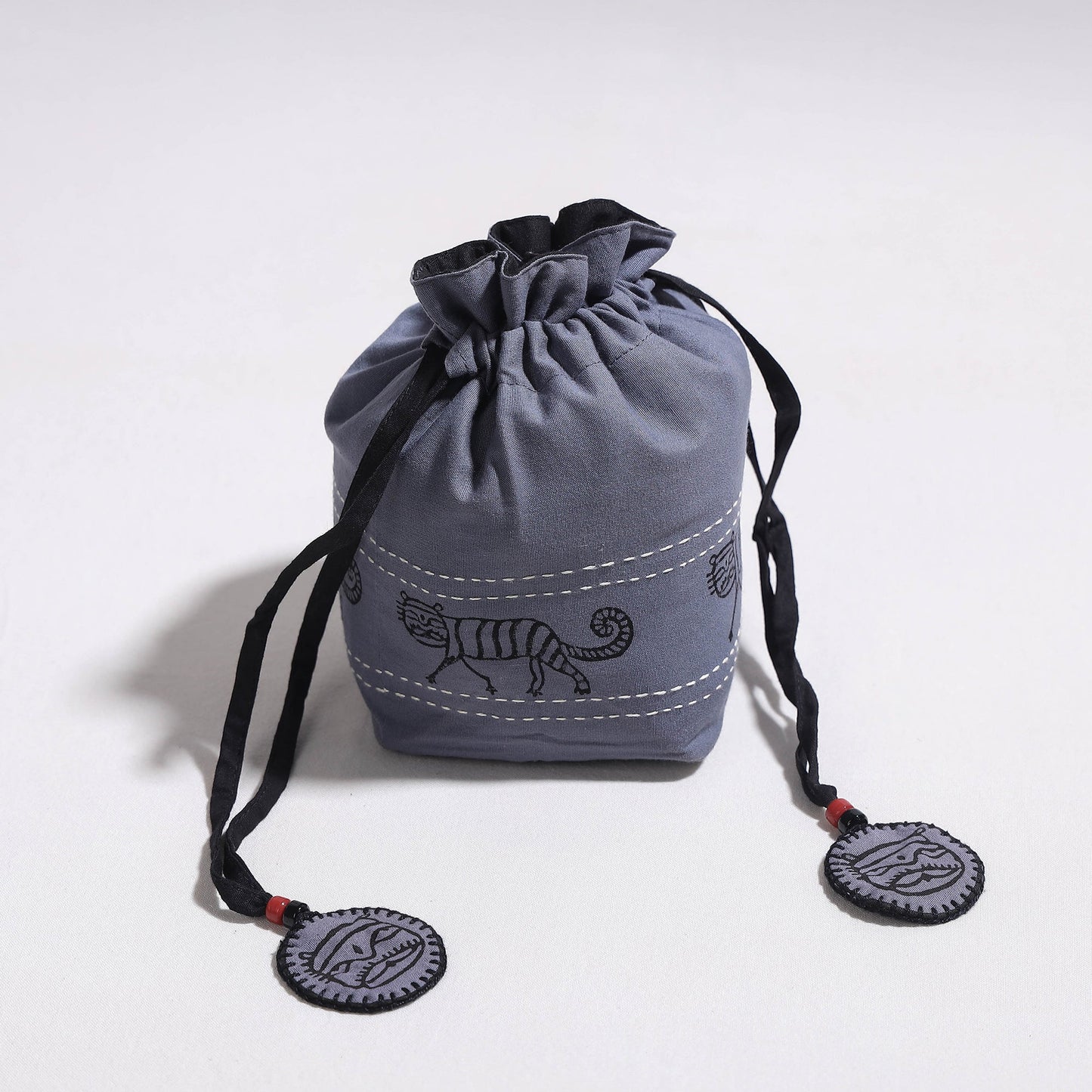  Kantha Work Block Print Cotton Potli Bag 