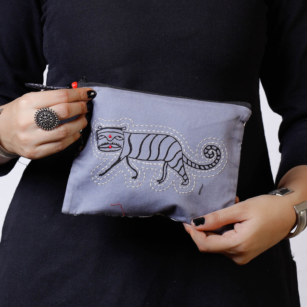  Kantha Work Block Print Cotton Utility Pouch 