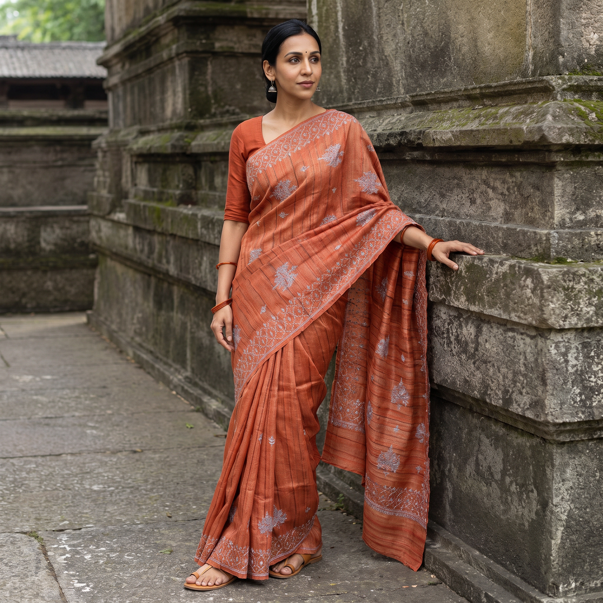Orange Kashidakari Hand Embroidery Ghicha Tussar Silk Saree, draped and worn by a woman, AI visual of the saree, iTokri