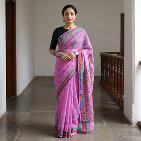 Purple Kashidakari Hand Embroidery Pure Kota Silk Saree with Zari Border, draped and worn by a woman, AI visual of the saree, iTokri