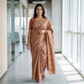 Brown Kashidakari Hand Embroidery Pure Tussar Silk Saree, draped and worn by a woman, AI visual of the saree, iTokri