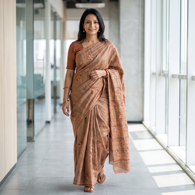 Brown Kashidakari Hand Embroidery Pure Tussar Silk Saree, draped and worn by a woman, AI visual of the saree, iTokri
