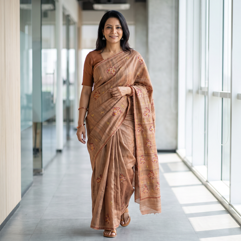 Brown Kashidakari Hand Embroidery Pure Tussar Silk Saree, draped and worn by a woman, AI visual of the saree, iTokri