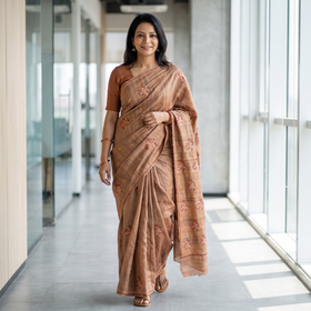 Brown Kashidakari Hand Embroidery Pure Tussar Silk Saree, draped and worn by a woman, AI visual of the saree, iTokri