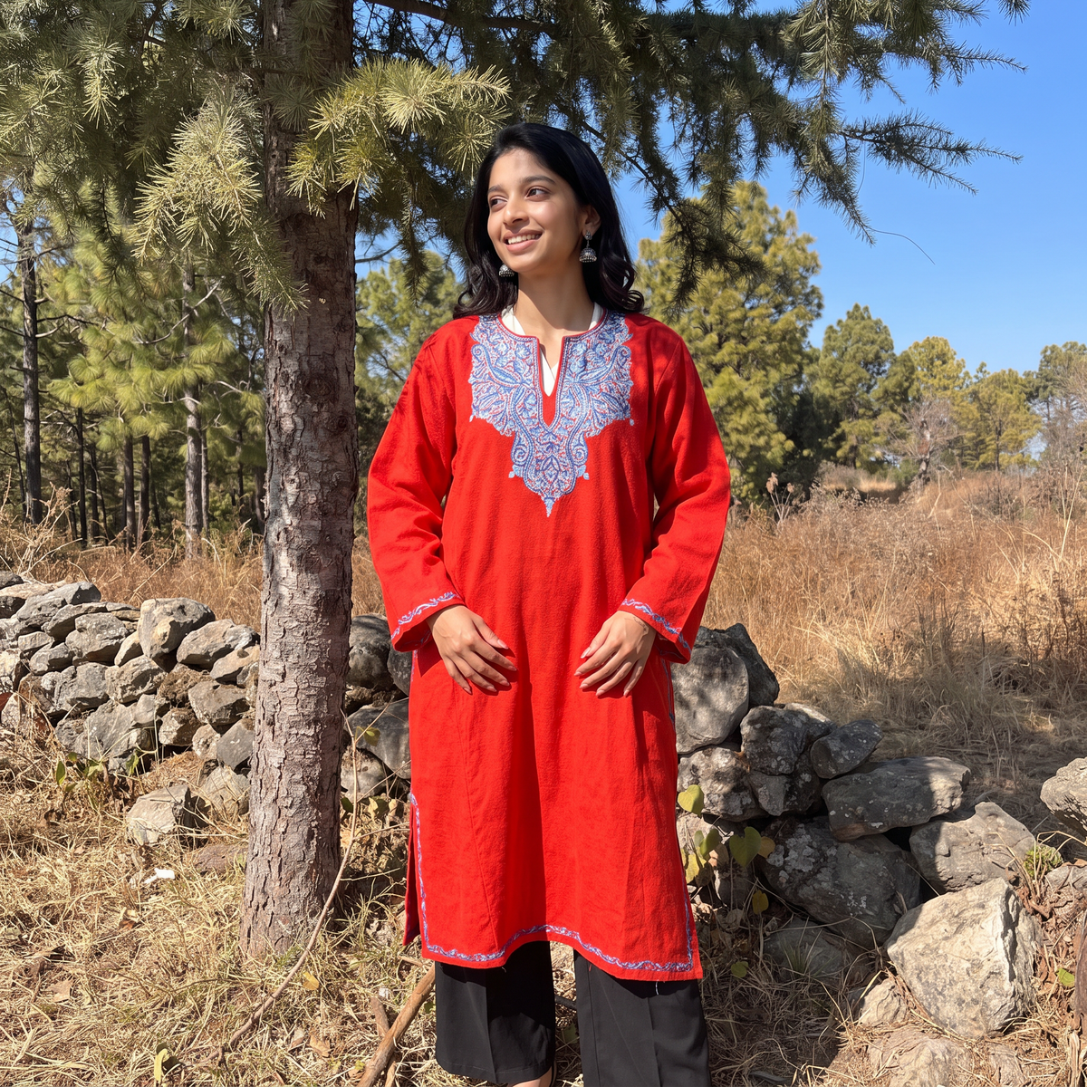 Red Kashmiri Aari Hand Embroidered Handwoven Merino Wool Pheran, worn by a model, AI visual of the pheran, iTokri