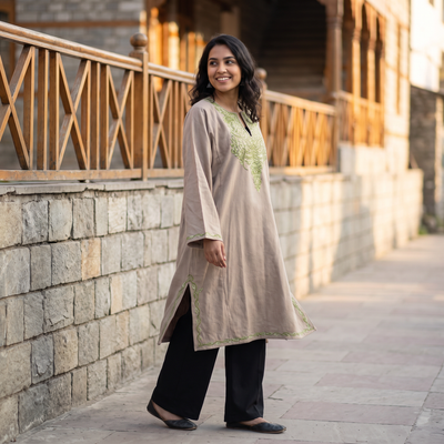 Brown Kashmiri Aari Hand Embroidered Handwoven Merino Wool Pheran, worn by a model, AI visual of the pheran, iTokri