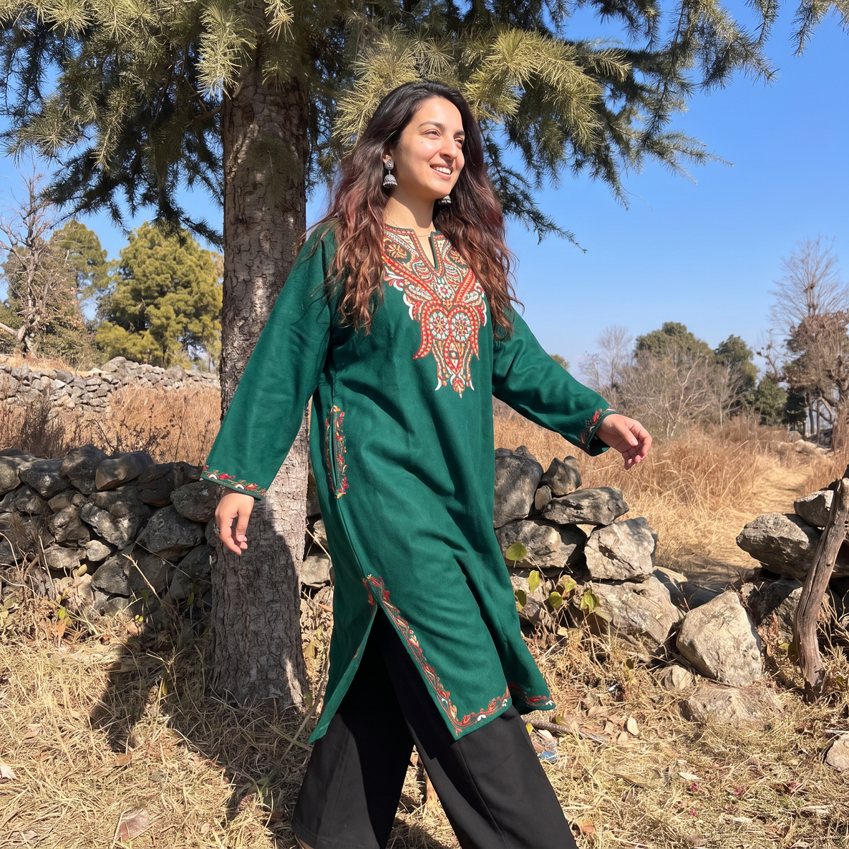 Green Kashmiri Aari Hand Embroidered Handwoven Merino Wool Pheran, worn by a model, AI visual of the pheran, iTokri