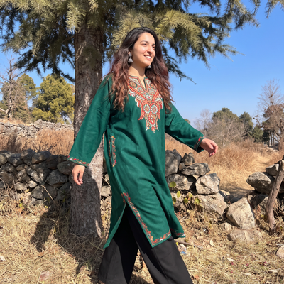 Green Kashmiri Aari Hand Embroidered Handwoven Merino Wool Pheran, worn by a model, AI visual of the pheran, iTokri