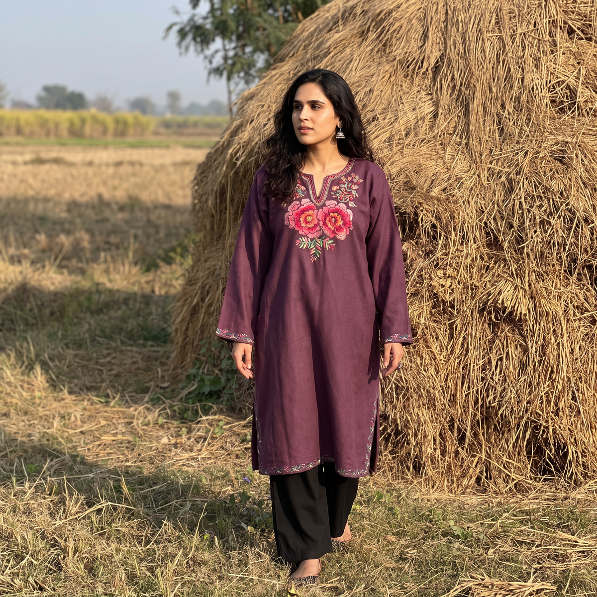Purple Kashmiri Aari Hand Embroidered Handwoven Merino Wool Pheran, worn by a model, AI visual of the pheran, iTokri