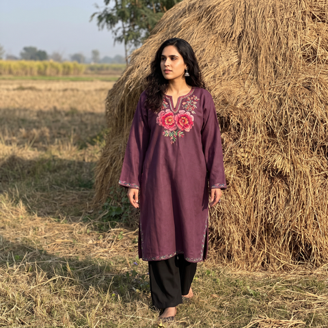 Purple Kashmiri Aari Hand Embroidered Handwoven Merino Wool Pheran, worn by a model, AI visual of the pheran, iTokri