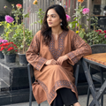 Brown Kashmiri Heavy Sozni Hand Embroidered Handwoven Merino Wool Pheran, worn by a model, AI visual of the pheran, iTokri