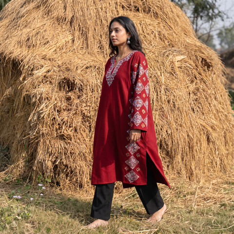 Maroon Kashmiri Heavy Sozni Hand Embroidered Handwoven Merino Wool Pheran, worn by a model, AI visual of the pheran, iTokri