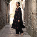 Black Kashmiri Heavy Sozni Hand Embroidered Handwoven Merino Wool Pheran, worn by a model, AI visual of the pheran, iTokri