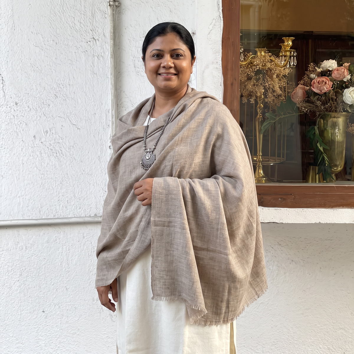 Grey Kashmiri Pashmina Handspun Handwoven Pure Woolen Shawl, worn by a model, AI visual of the shawl, iTokri