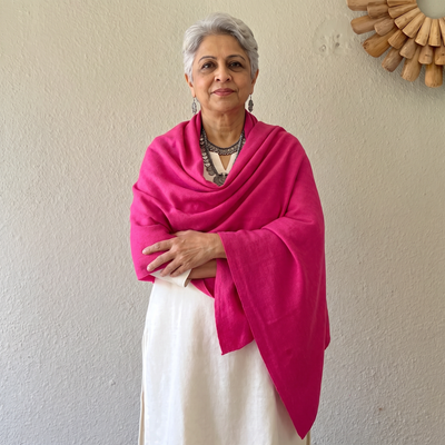 Pink Kashmiri Pashmina Handspun Handwoven Pure Woolen Shawl, worn by a model, AI visual of the shawl, iTokri