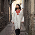 White Kashmiri Sozni Hand Embroidered Handwoven Merino Wool Pheran, worn by a model, AI visual of the pheran, iTokri