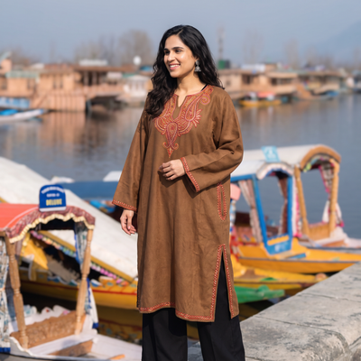Brown Kashmiri Sozni Hand Embroidered Handwoven Merino Wool Pheran, worn by a model, AI visual of the pheran, iTokri
