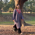 Blue Kashmiri Sozni Hand Embroidered Handwoven Merino Wool Pheran, worn by a model, AI visual of the pheran, iTokri
