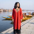 Red Kashmiri Sozni Hand Embroidered Handwoven Merino Wool Pheran, worn by a model, AI visual of the pheran, iTokri