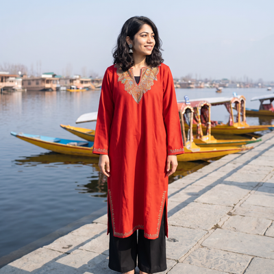 Red Kashmiri Sozni Hand Embroidered Handwoven Merino Wool Pheran, worn by a model, AI visual of the pheran, iTokri