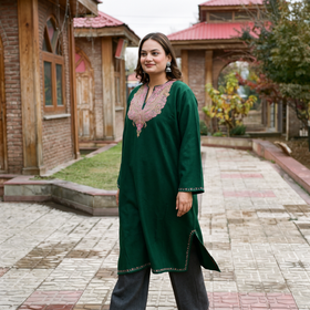 Green Kashmiri Sozni Hand Embroidered Handwoven Merino Wool Pheran, worn by a model, AI visual of the pheran, iTokri