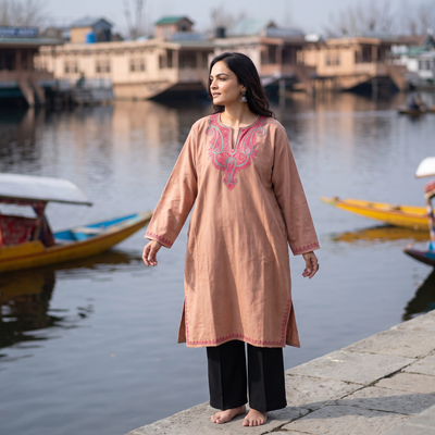 Brown Kashmiri Sozni Hand Embroidered Handwoven Merino Wool Pheran, worn by a model, AI visual of the pheran, iTokri