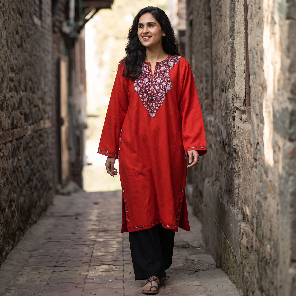 Red Kashmiri Sozni Hand Embroidered Handwoven Merino Wool Pheran, worn by a model, AI visual of the pheran, iTokri