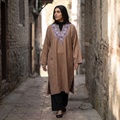 Brown Kashmiri Sozni Hand Embroidered Handwoven Merino Wool Pheran, worn by a model, AI visual of the pheran, iTokri