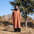 Brown Kashmiri Sozni Hand Embroidered Handwoven Merino Wool Pheran, worn by a model, AI visual of the pheran, iTokri