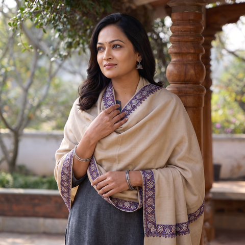 Beige Kashmiri Sozni Hand Embroidered Pure Handwoven Merino Wool Shawl, worn by a model, AI visual of the shawl, iTokri
