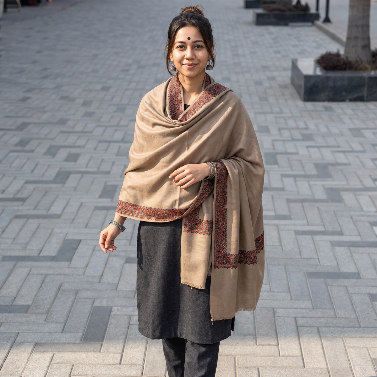 Brown Kashmiri Sozni Hand Embroidered Pure Handwoven Merino Wool Shawl, worn by a model, AI visual of the shawl, iTokri
