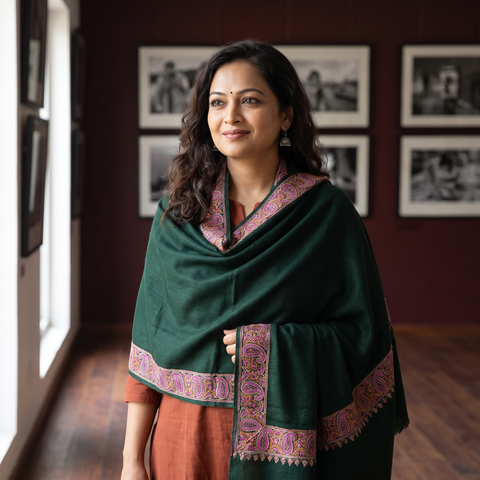 Green Kashmiri Sozni Hand Embroidered Pure Handwoven Merino Wool Shawl, worn by a model, AI visual of the shawl, iTokri