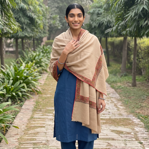 Brown Kashmiri Sozni Hand Embroidered Pure Handwoven Merino Wool Shawl, worn by a model, AI visual of the shawl, iTokri