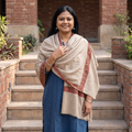 Beige Kashmiri Sozni Hand Embroidered Pure Handwoven Merino Wool Shawl, worn by a model, AI visual of the shawl, iTokri