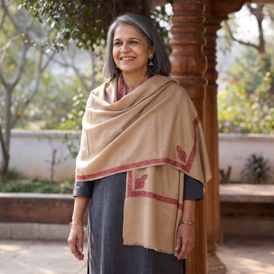 Brown Kashmiri Sozni Hand Embroidered Pure Handwoven Merino Wool Shawl, worn by a model, AI visual of the shawl, iTokri