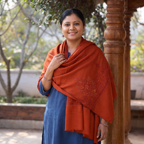 Orange Kashmiri Sozni Hand Embroidered Pure Handwoven Merino Wool Shawl, worn by a model, AI visual of the shawl, iTokri