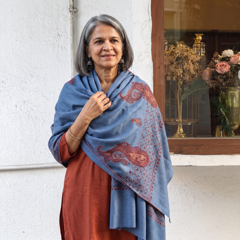 Blue Kashmiri Sozni Hand Embroidered Pure Handwoven Merino Wool Shawl, worn by a model, AI visual of the shawl, iTokri