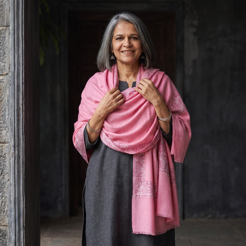 Pink Kashmiri Sozni Heavy Hand Embroidered Pure Handwoven Merino Wool Shawl, worn by a model, AI visual of the shawl, iTokri