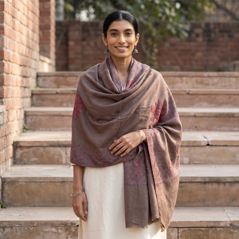 Brown Kashmiri Sozni Heavy Hand Embroidered Pure Handwoven Merino Wool Shawl, worn by a model, AI visual of the shawl, iTokri