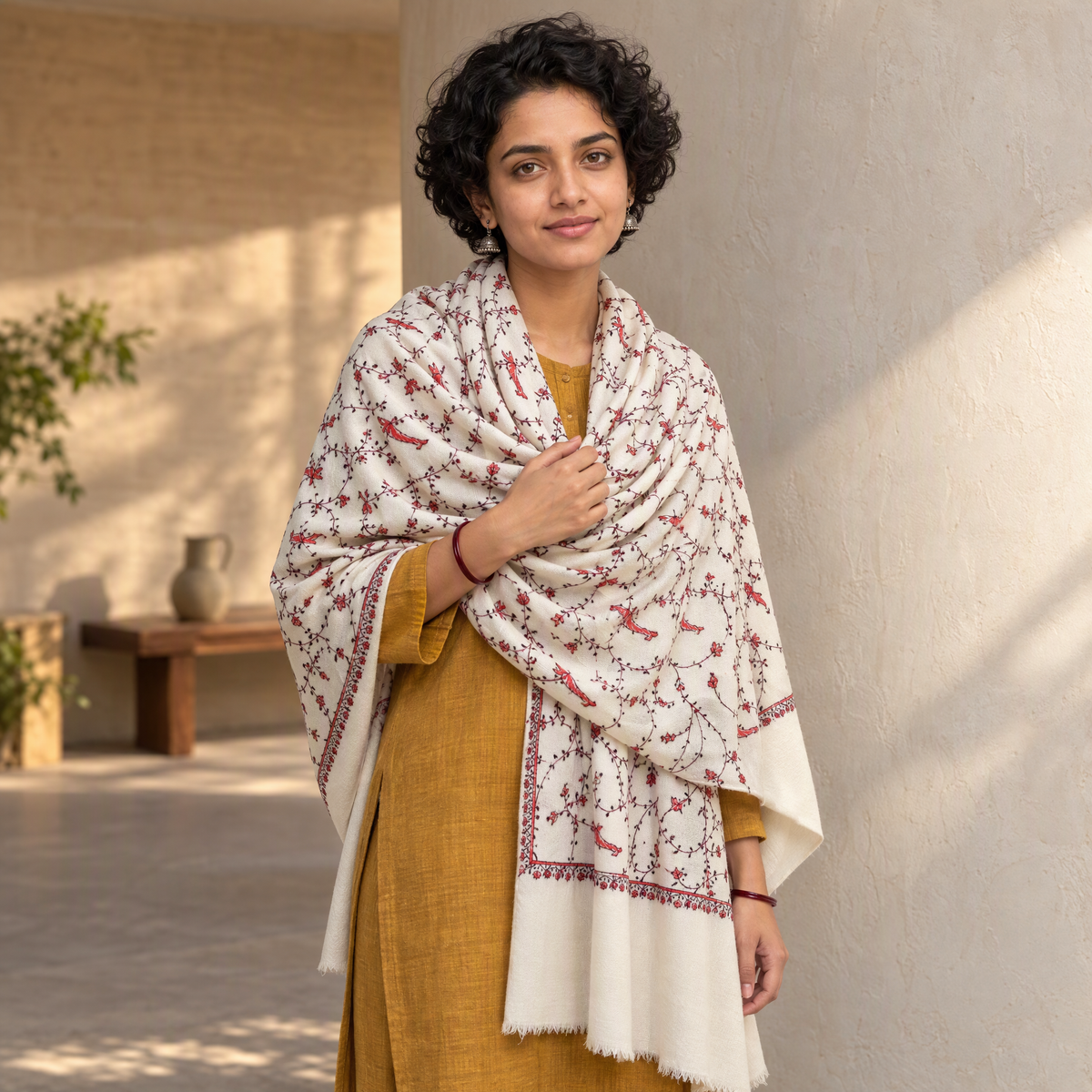 White Kashmiri Sozni Heavy Hand Embroidered Pure Handwoven Merino Wool Shawl, worn by a model, AI visual of the shawl, iTokri
