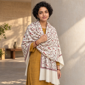 White Kashmiri Sozni Heavy Hand Embroidered Pure Handwoven Merino Wool Shawl, worn by a model, AI visual of the shawl, iTokri